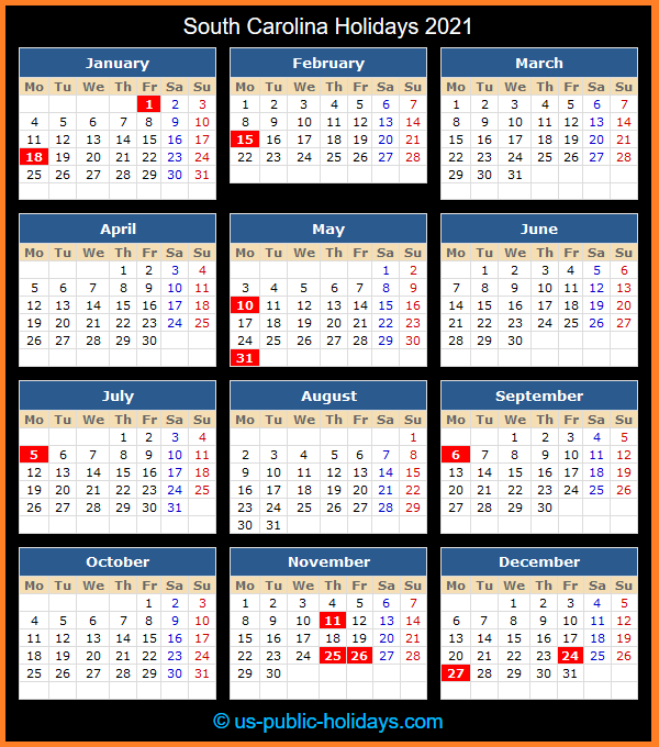 South Carolina Holiday Calendar 2021